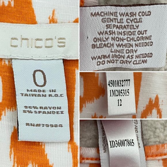 Chicos Orange Ikat Abstract Print Knit Top Size XS w/ Details on Short Sleeves - Picture 4 of 8